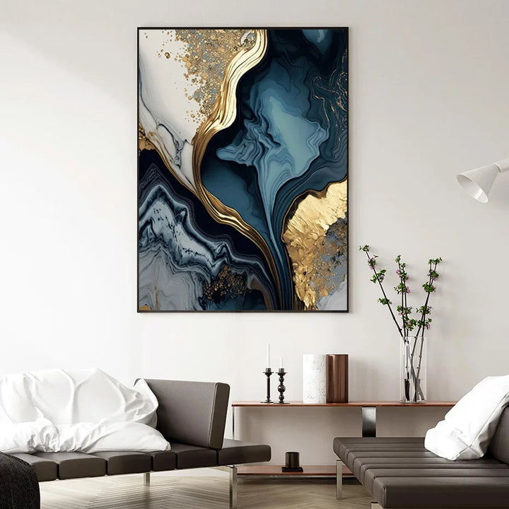 Deep Ocean Blue Golden Marble Print Wall Art Fine Art Canvas Prints Posters Pictures for Living Room Dining Room Light Luxurious Home Decor | Skanto