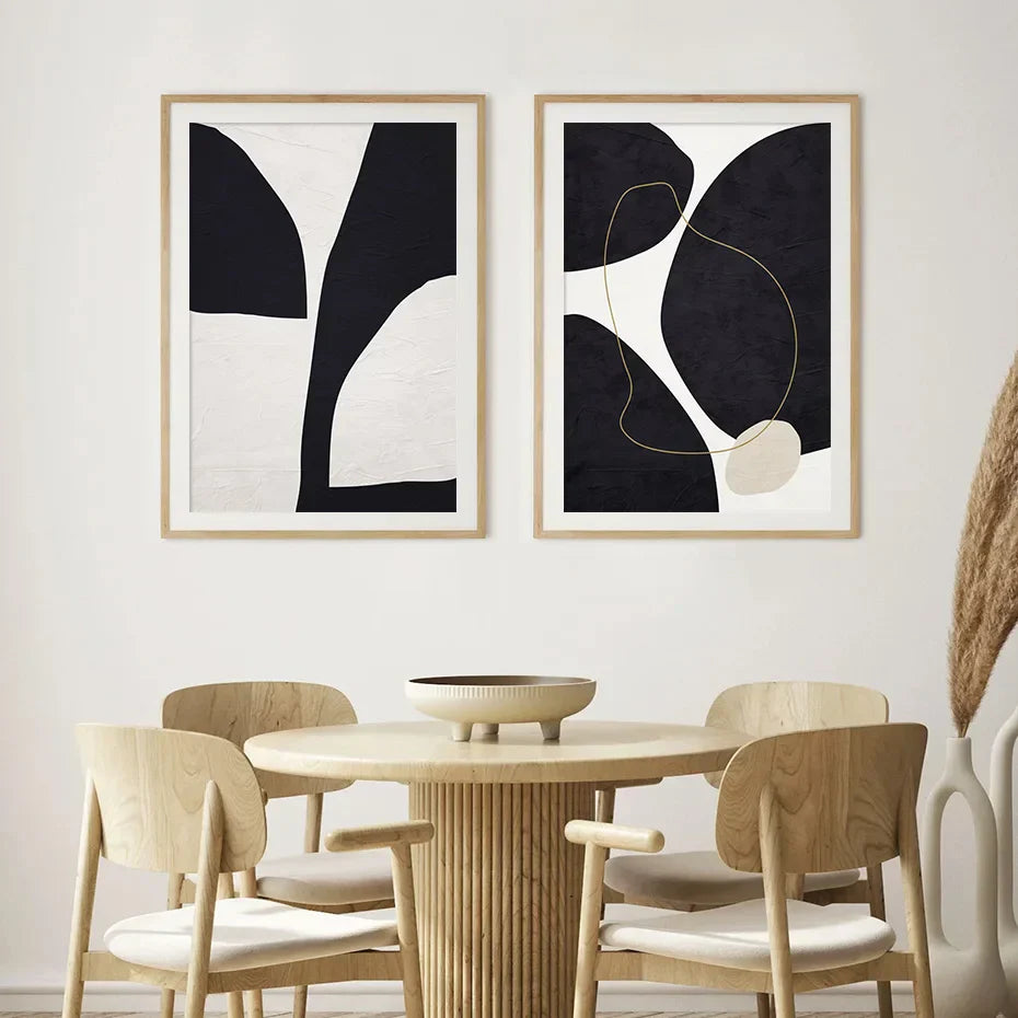 Nordic Minimalist Abstract Beige Black Form & Line Wall Art Fine Art Canvas Prints Pictures For Modern Living Room Bedroom Decor | Skanto