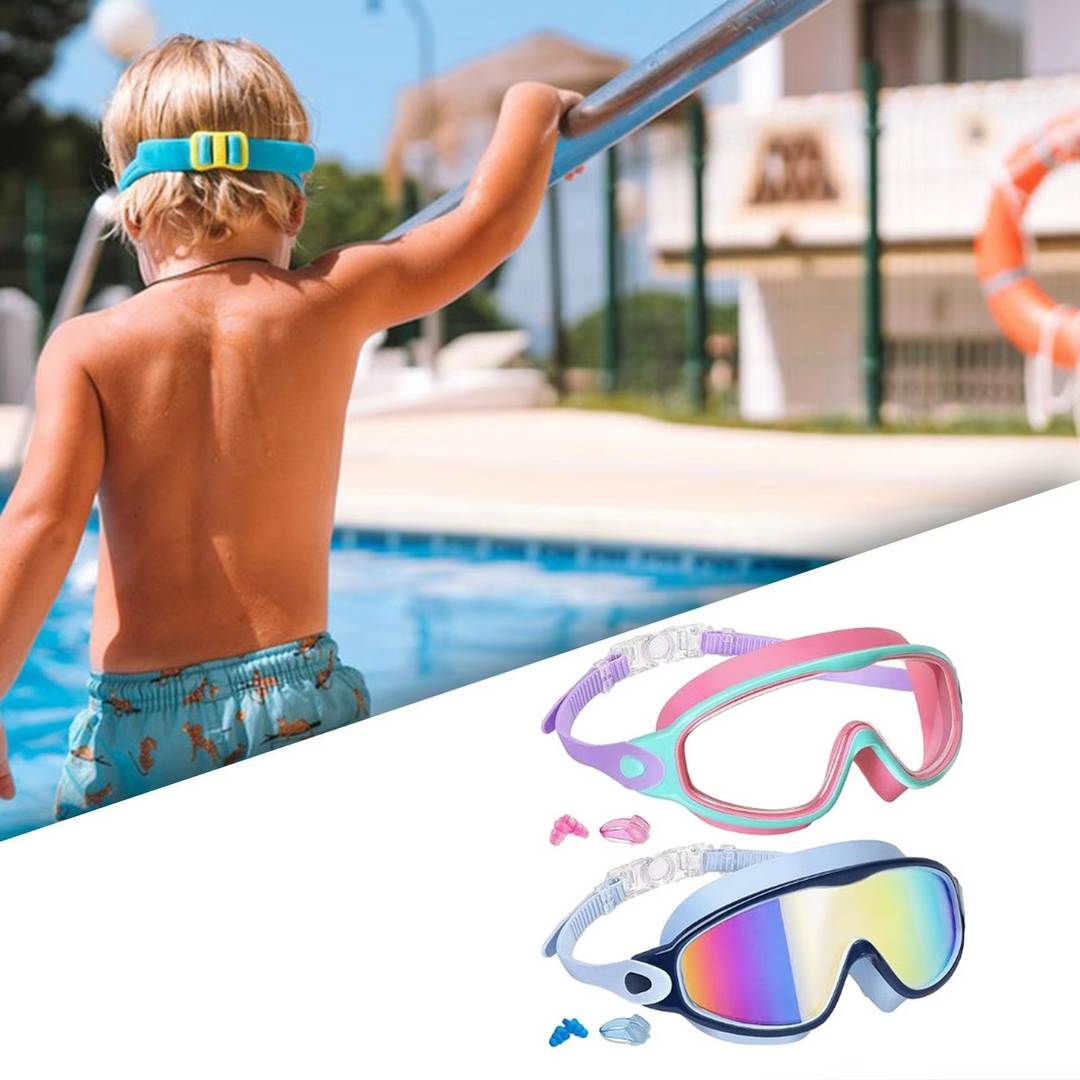 Schwimmbrille - Auslaufsichere Schwimmmaske mit Panoramasicht für Kinder mit Nasenclips und Ohrstöpseln