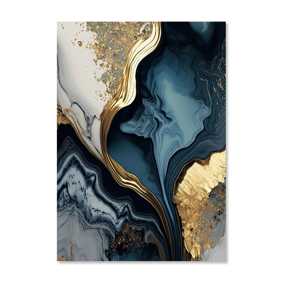 Deep Ocean Blue Golden Marble Print Wall Art Fine Art Canvas Prints Posters Pictures for Living Room Dining Room Light Luxurious Home Decor | Skanto