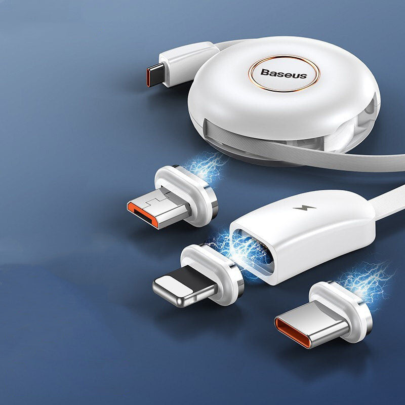 Skanto | 3-i-1 Bærbar Strekkbar USB-C Ladekabel, med Magnetiske Koblede (USB-C, Lightning & Micro), for Telefon, Nettbrett & Mer