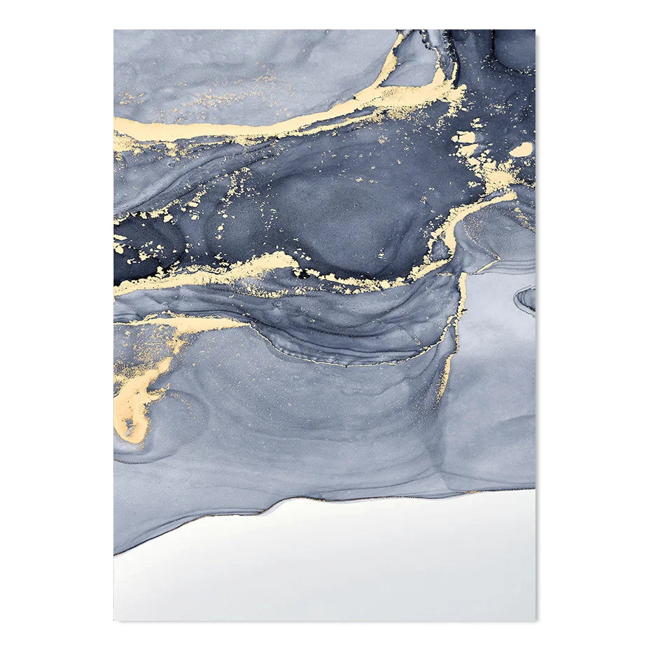 Shades of Blue Abstract Fluid Marble Wall Art Fine Art Canvas Print with Gold Accents Pictures for Living Room Modern Bedroom Art Decor | Skanto