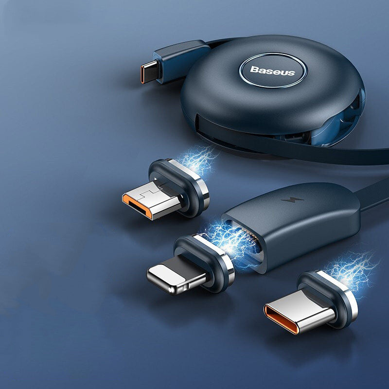 Skanto | 3-i-1 Bærbar Strekkbar USB-C Ladekabel, med Magnetiske Koblede (USB-C, Lightning & Micro), for Telefon, Nettbrett & Mer