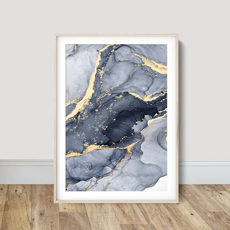 Shades of Blue Abstract Fluid Marble Wall Art Fine Art Canvas Print with Gold Accents Pictures for Living Room Modern Bedroom Art Decor | Skanto