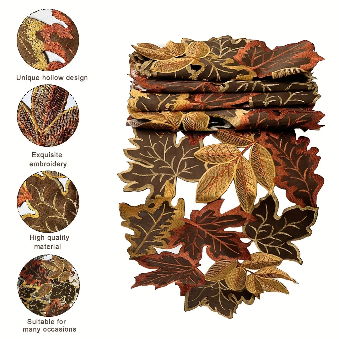 Skanto | HarvestLeaf Bordløper | Brodert Lønnblad Design | Høstdekor i Landlig Stil