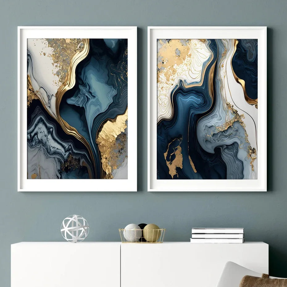 Deep Ocean Blue Golden Marble Print Wall Art Fine Art Canvas Prints Posters Pictures for Living Room Dining Room Light Luxurious Home Decor | Skanto