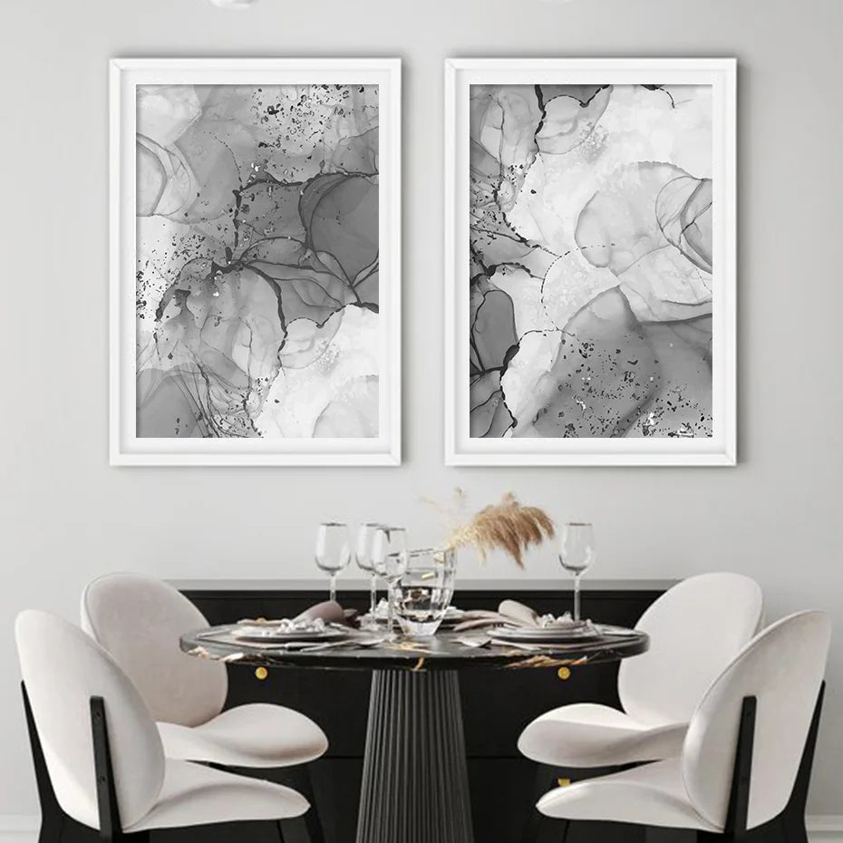 Modern Gray Fluid Marble Print Wall Art Fine Art Canvas Prints Abstract Black White Posters for Living Room Home Office Art Decor | Skanto