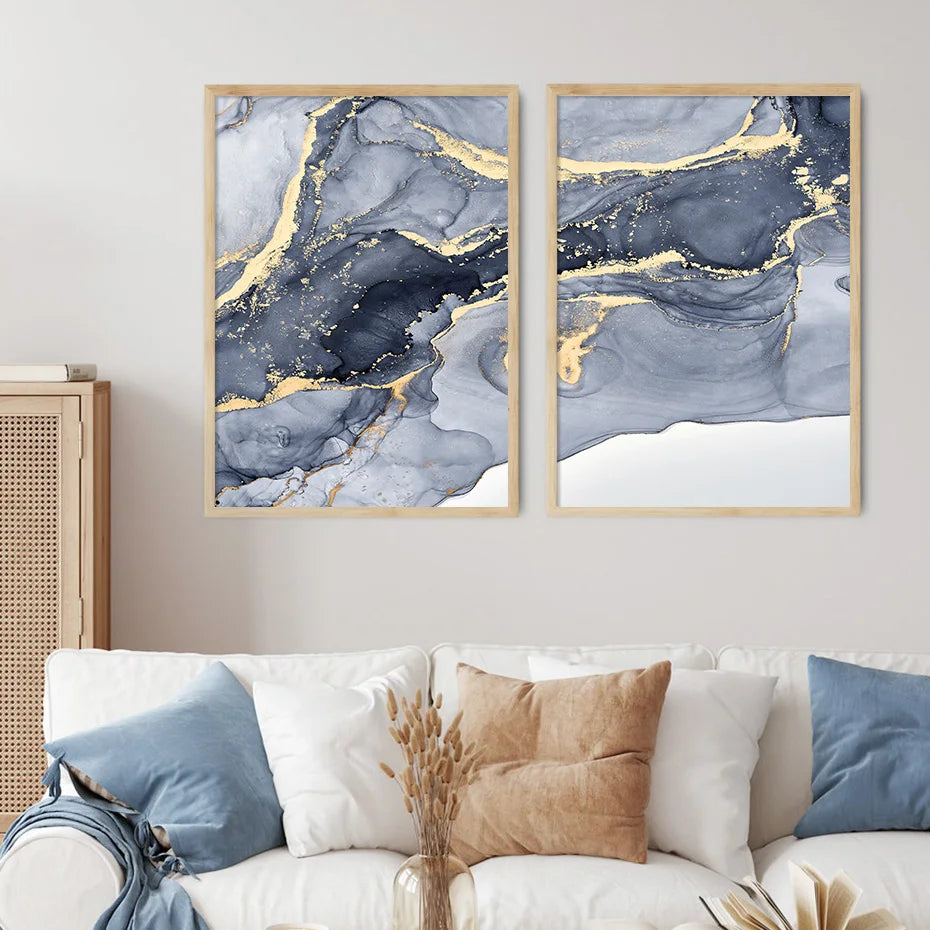 Shades of Blue Abstract Fluid Marble Wall Art Fine Art Canvas Print with Gold Accents Pictures for Living Room Modern Bedroom Art Decor | Skanto