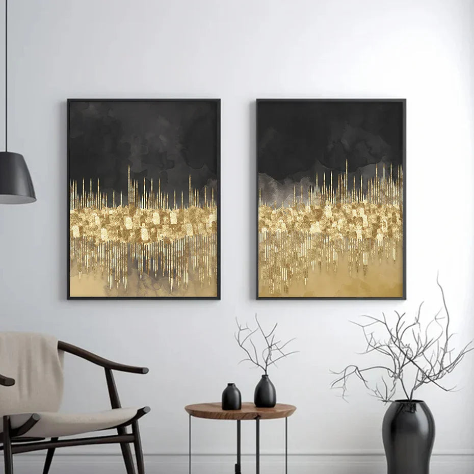 Abstract Golden Cityscape on Black Watercolor Canvas Print Wall Art Light Luxury Pictures for Living Room Bedroom Home Office Decor | Skanto