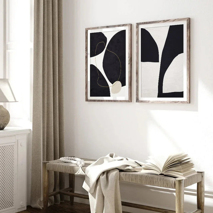 Nordic Minimalist Abstract Beige Black Form & Line Wall Art Fine Art Canvas Prints Pictures For Modern Living Room Bedroom Decor | Skanto
