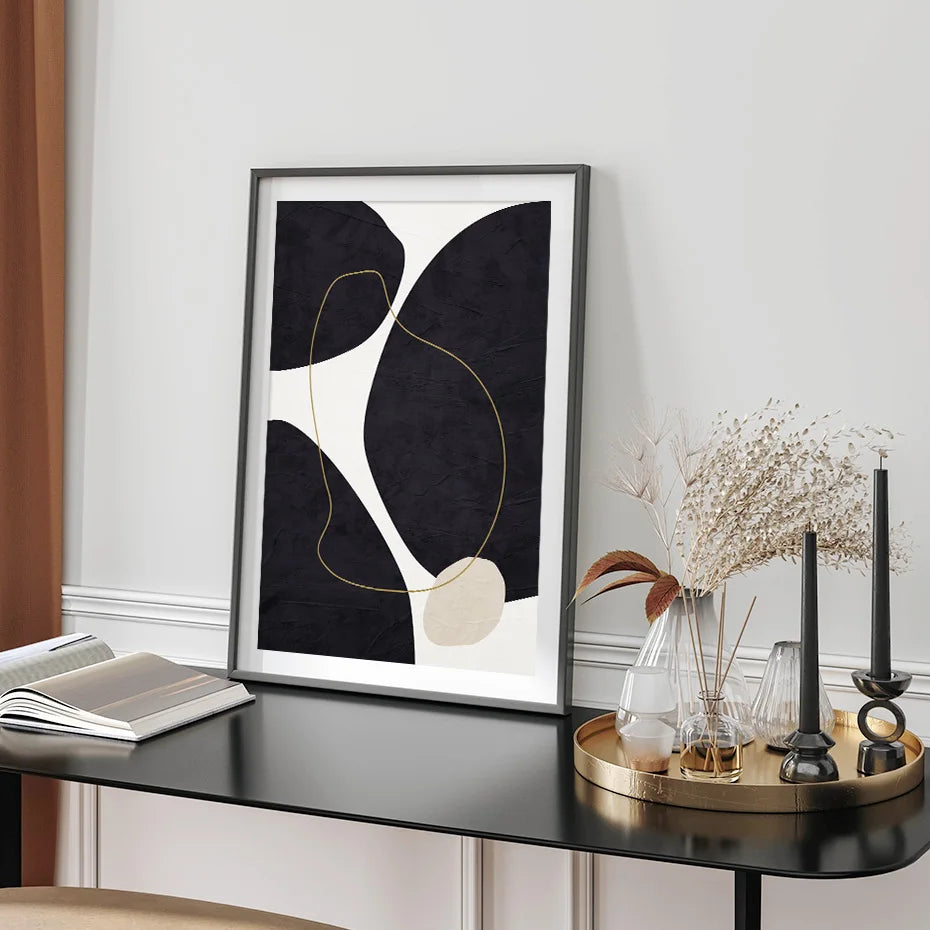 Nordic Minimalist Abstract Beige Black Form & Line Wall Art Fine Art Canvas Prints Pictures For Modern Living Room Bedroom Decor | Skanto