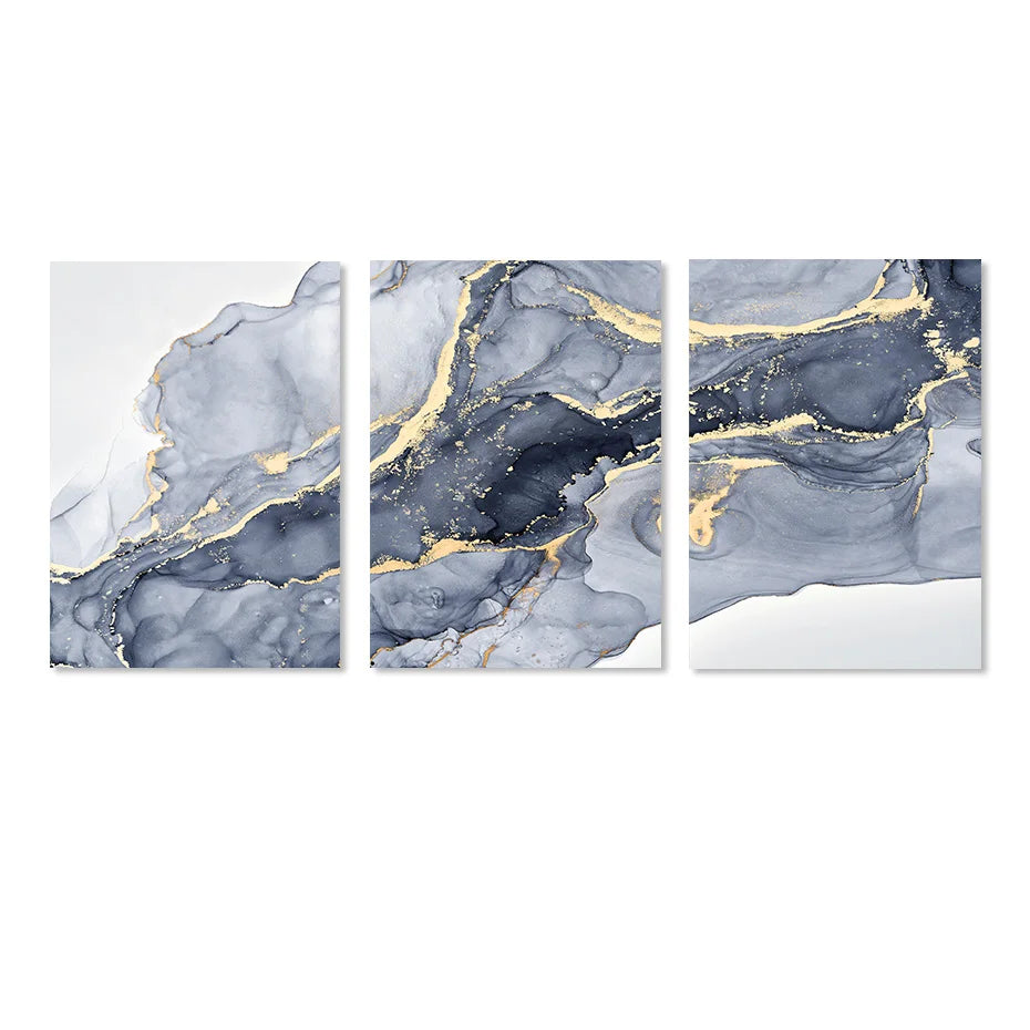 Shades of Blue Abstract Fluid Marble Wall Art Fine Art Canvas Print with Gold Accents Pictures for Living Room Modern Bedroom Art Decor | Skanto