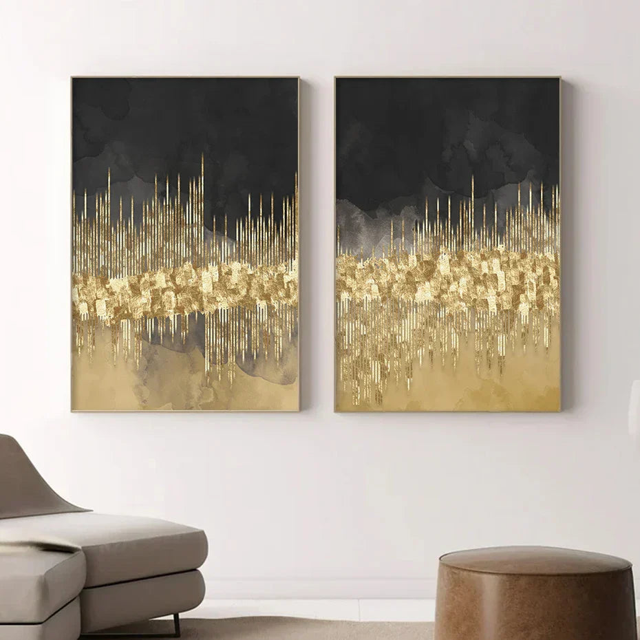 Abstract Golden Cityscape on Black Watercolor Canvas Print Wall Art Light Luxury Pictures for Living Room Bedroom Home Office Decor | Skanto