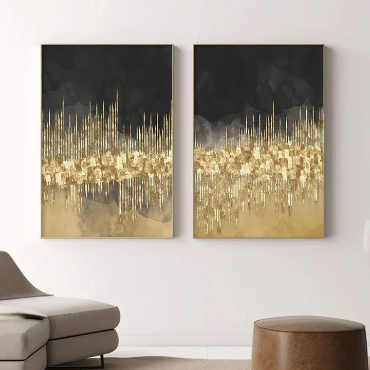 Abstract Golden Cityscape on Black Watercolor Canvas Print Wall Art Light Luxury Pictures for Living Room Bedroom Home Office Decor | Skanto