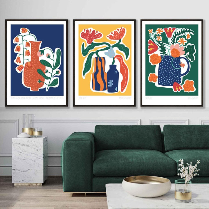 Kunstnerisk designet, fargerikt botanisk plakatsett med 3 plakater i blått, gult og grønt