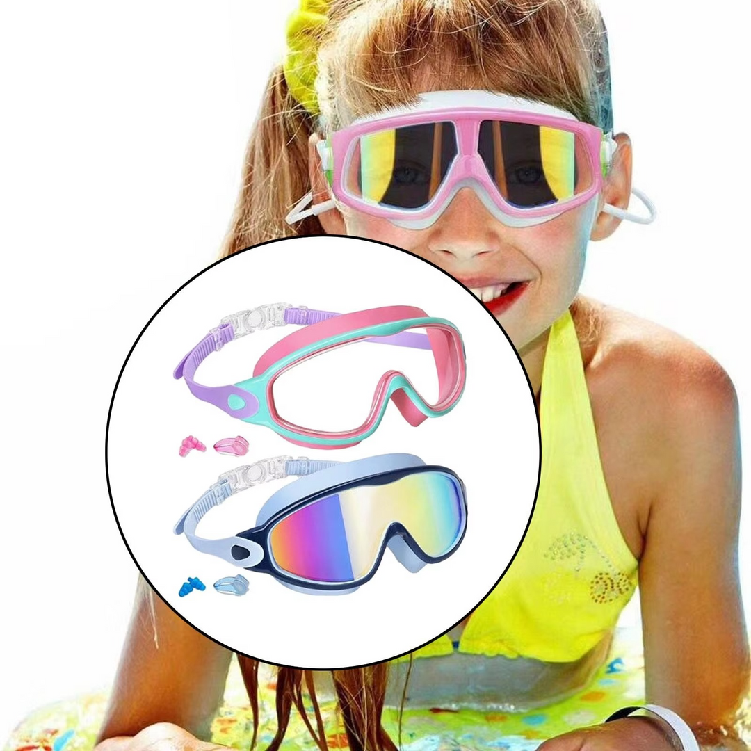 Schwimmbrille - Auslaufsichere Schwimmmaske mit Panoramasicht für Kinder mit Nasenclips und Ohrstöpseln