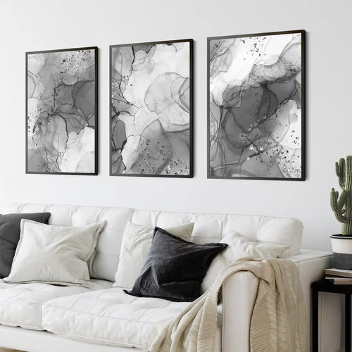 Modern Gray Fluid Marble Print Wall Art Fine Art Canvas Prints Abstract Black White Posters for Living Room Home Office Art Decor | Skanto