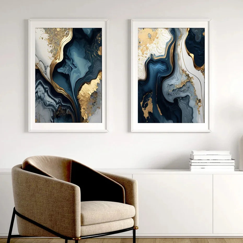 Deep Ocean Blue Golden Marble Print Wall Art Fine Art Canvas Prints Posters Pictures for Living Room Dining Room Light Luxurious Home Decor | Skanto