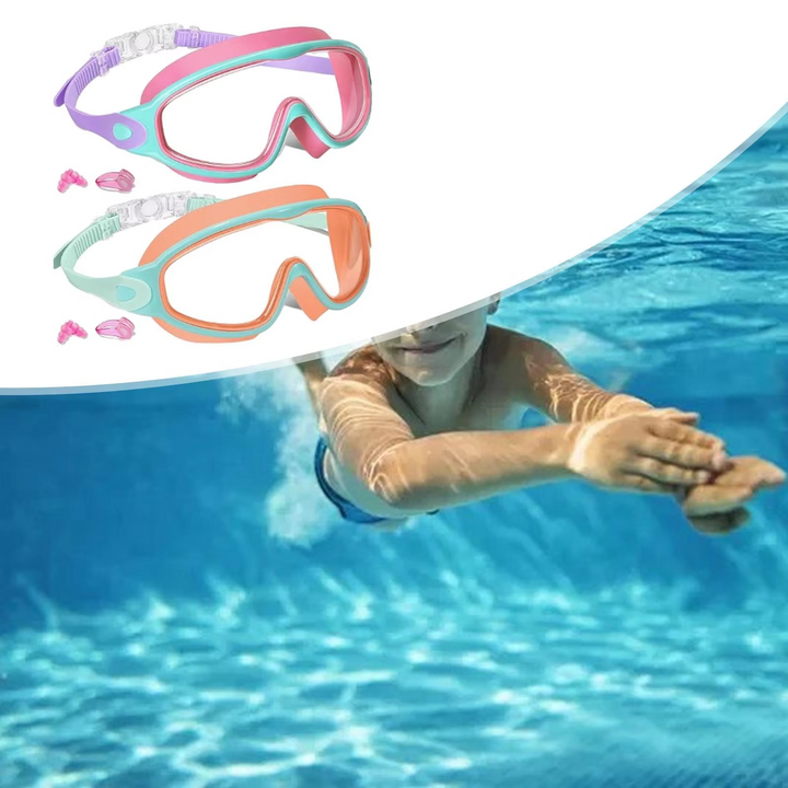 Schwimmbrille - Auslaufsichere Schwimmmaske mit Panoramasicht für Kinder mit Nasenclips und Ohrstöpseln