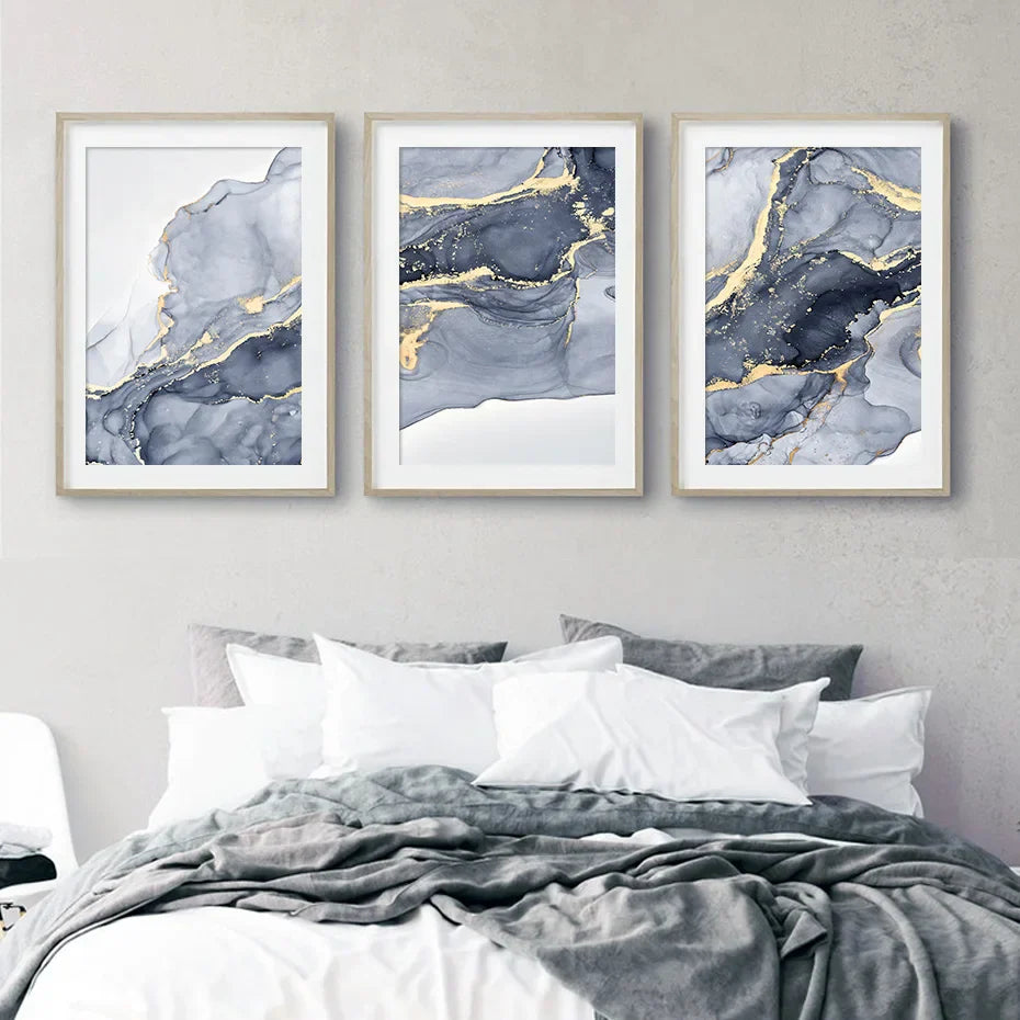 Shades of Blue Abstract Fluid Marble Wall Art Fine Art Canvas Print with Gold Accents Pictures for Living Room Modern Bedroom Art Decor | Skanto
