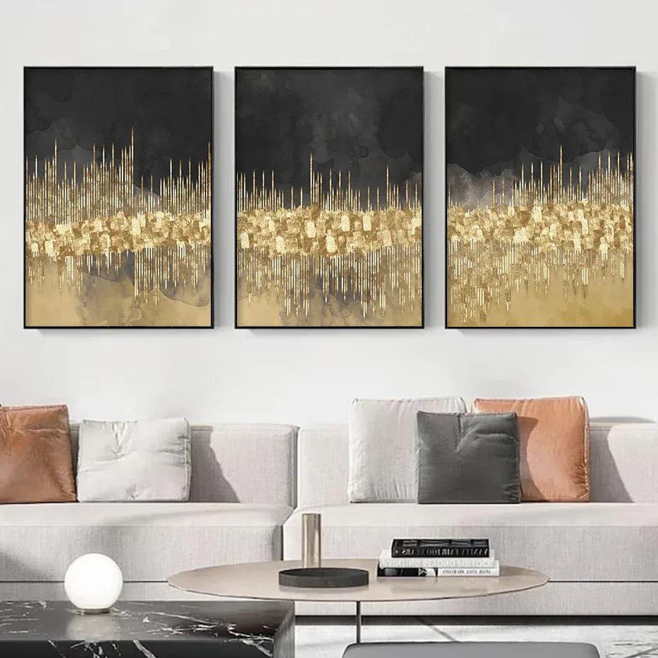 Abstract Golden Cityscape on Black Watercolor Canvas Print Wall Art Light Luxury Pictures for Living Room Bedroom Home Office Decor | Skanto