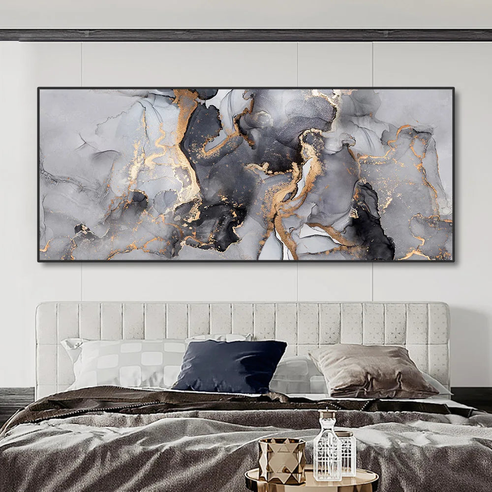 Abstrakt Grå Gull Flytende Marmor Trykk Veggkunst Fine Art Lerretstrykk Bredformatbilder For Over Sofan Kunst For Over Sengen | Skanto