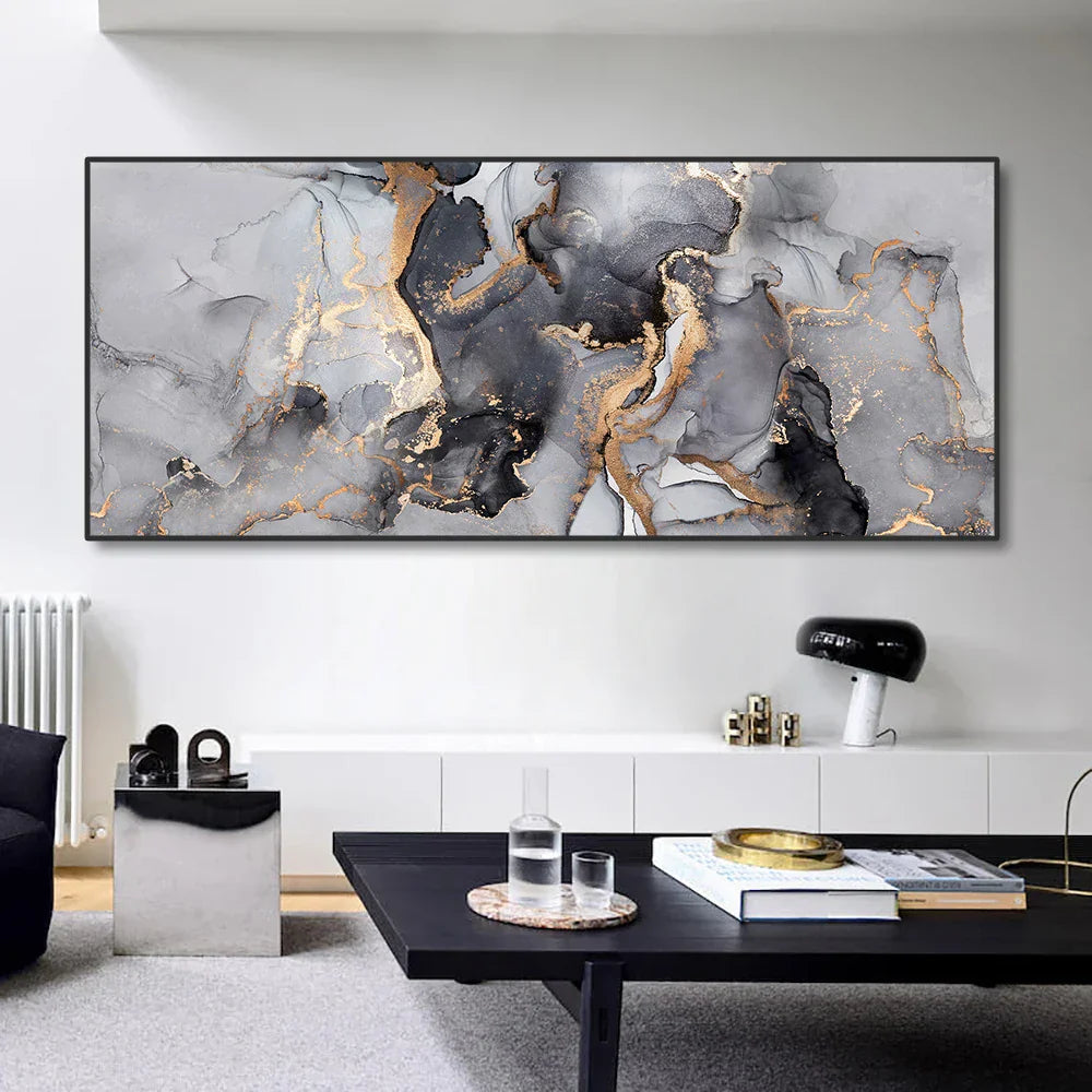Abstrakt Grå Gull Flytende Marmor Trykk Veggkunst Fine Art Lerretstrykk Bredformatbilder For Over Sofan Kunst For Over Sengen | Skanto
