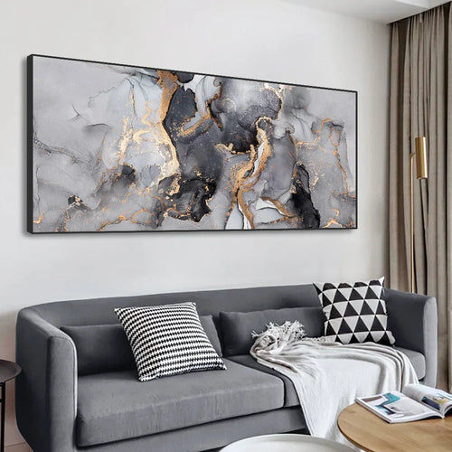 Abstrakt Grå Gull Flytende Marmor Trykk Veggkunst Fine Art Lerretstrykk Bredformatbilder For Over Sofan Kunst For Over Sengen | Skanto