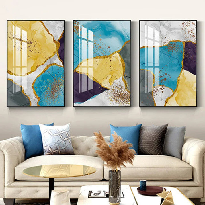 Abstrakt blå gul grå marmor trykk veggkunst fine art lerret trykk bilder for moderne leilighet stue hjemmekontor kunst dekor | Skanto