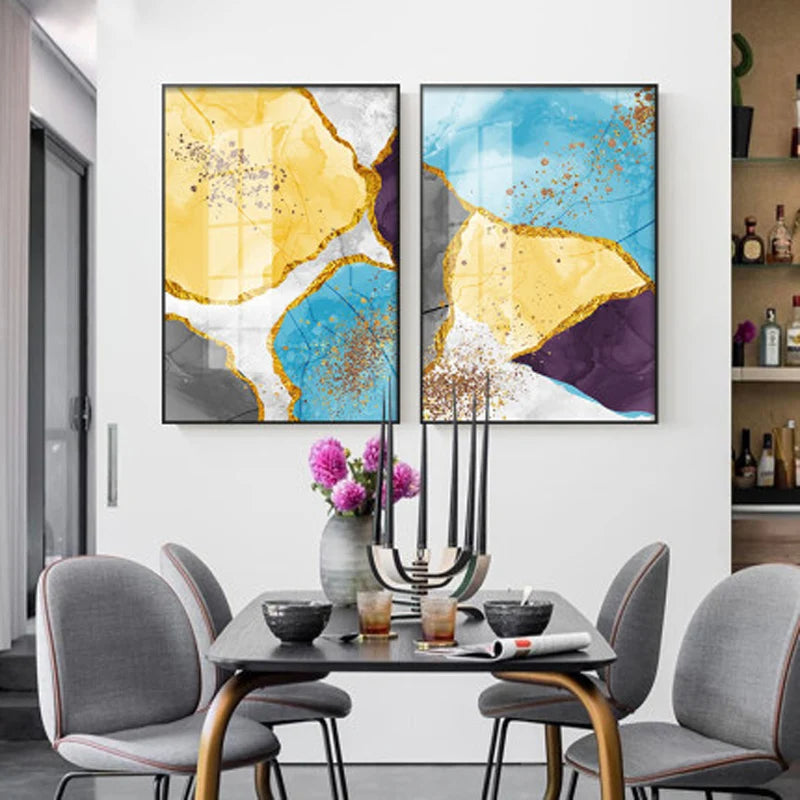 Abstrakt blå gul grå marmor trykk veggkunst fine art lerret trykk bilder for moderne leilighet stue hjemmekontor kunst dekor | Skanto
