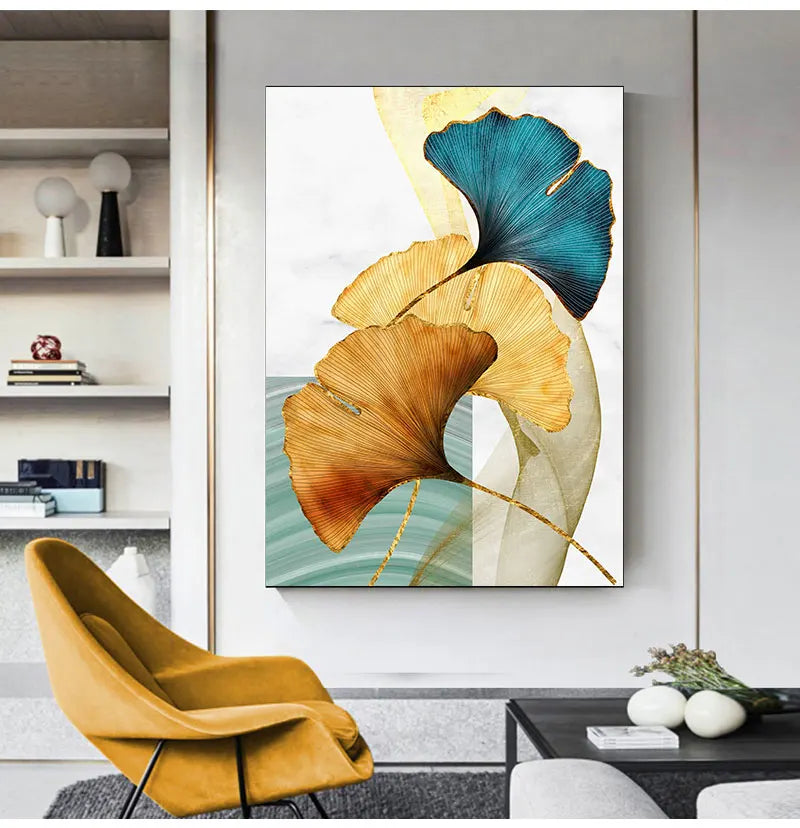 Abstrakt eksotisk botanisk veggkunst Fine Art lerretsutskrifter Blå Grønn Gul blomsterbilder for stue soverom lett luksuriøs interiørdesign | Skanto