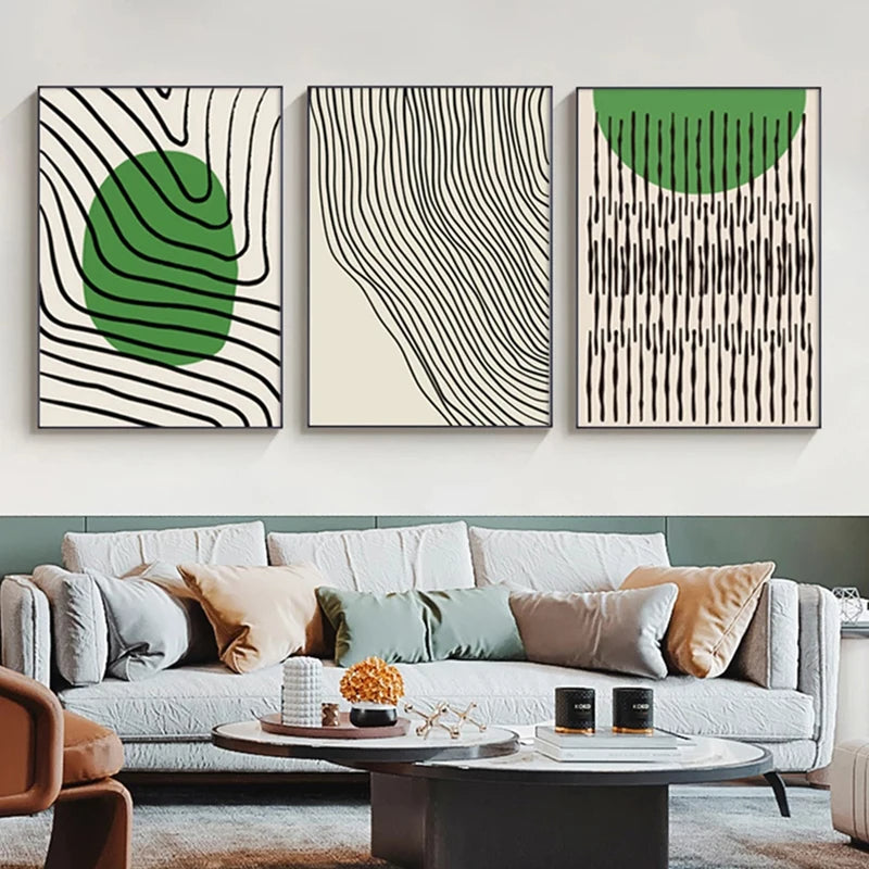 Abstract Green Geometric Line Art Wall Art Fine Art Canvas Prints Pictures for Modern Apartment Living Room Home Office Art Decor | Skanto