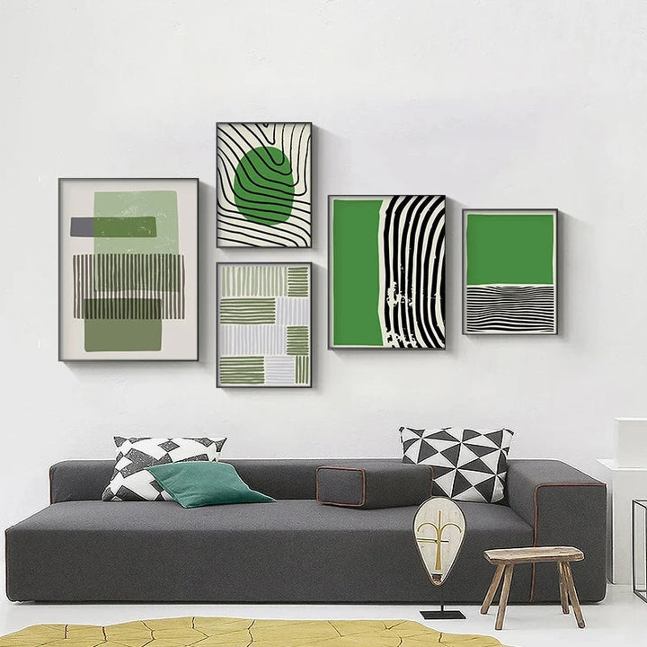 Abstract Green Geometric Line Art Wall Art Fine Art Canvas Prints Pictures for Modern Apartment Living Room Home Office Art Decor | Skanto