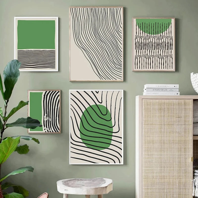 Abstract Green Geometric Line Art Wall Art Fine Art Canvas Prints Pictures for Modern Apartment Living Room Home Office Art Decor | Skanto
