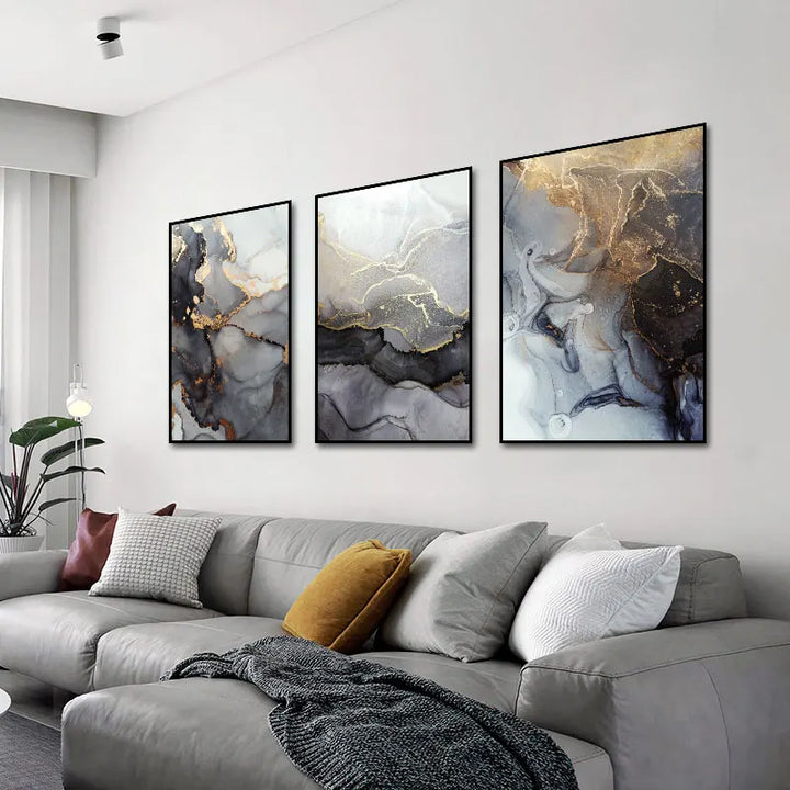 Abstrakt grå gull marmorert veggkunst Fine Art lerretsutskrifter plakatbilder for moderne leilighet stue kunstdekorasjon | Skanto