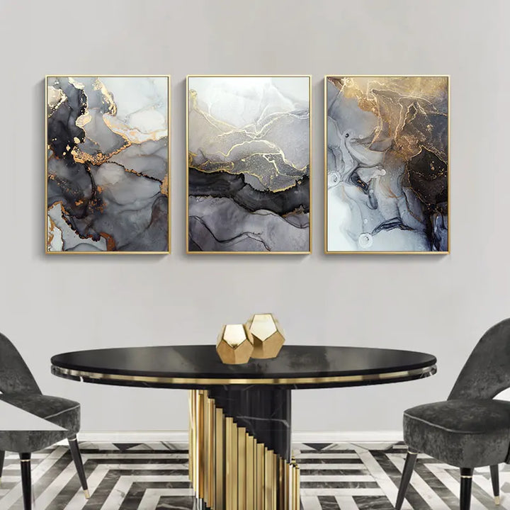 Abstrakt grå gull marmorert veggkunst Fine Art lerretsutskrifter plakatbilder for moderne leilighet stue kunstdekorasjon | Skanto