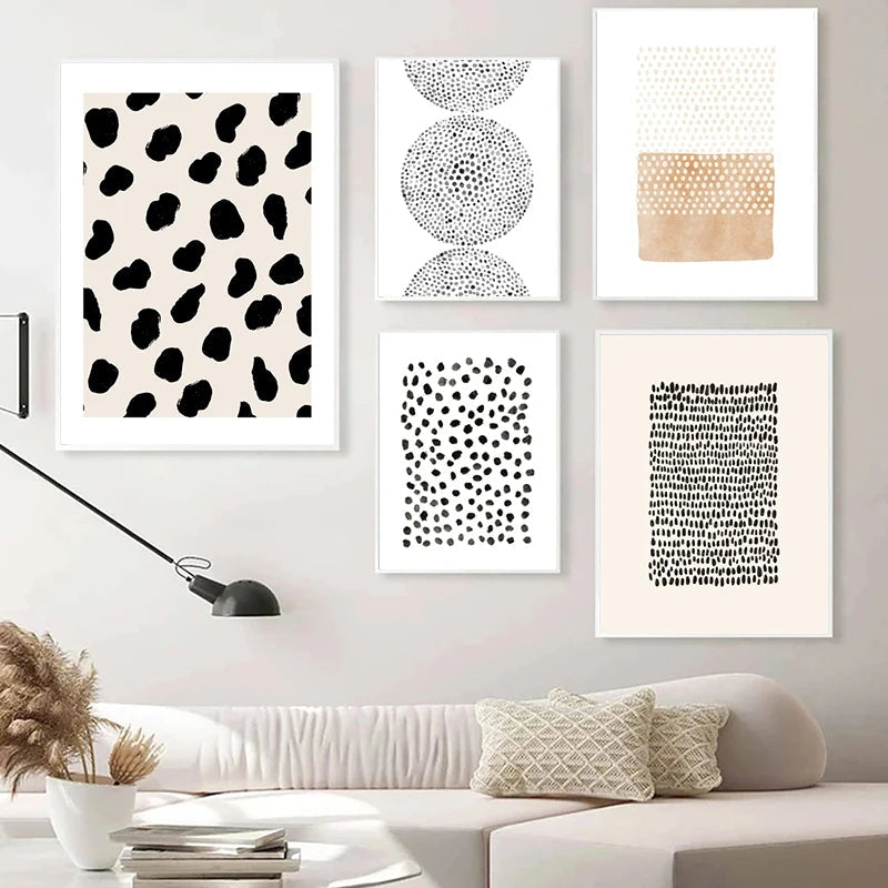 Abstrakt Minimalistisk Skandinavisk Punktkunst Veggkunst Finkunst Lerrettrykk Nyansene av Beige Svart Brun Nøytrale Fargebilder for moderne Stue Innredning | Skanto