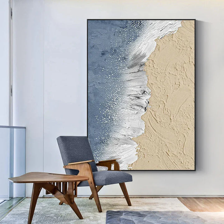 Abstrakt sandkystlandskap veggbilde Fin kunstler lerret trykk Teksturert penselstrøk design havbølger bilder for stue inngangshall kunstdekor | Skanto