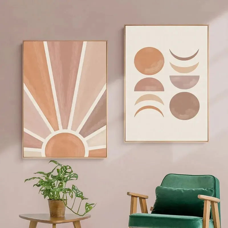 Abstrakt Terrakotta Solstråler Månefaser Veggkunst Fine Art Lerretsutskrifter Plakater Bilder for moderne stue Soverom Kunstdekorasjon | Skanto
