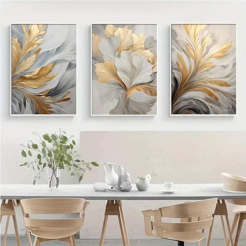 Sett med 3 stk Abstrakte Hvite Gyldne Blader Florale Veggkunst Fine Kunstlerrettrykk Moderne Botaniske Bilder For Stue Spisestue Soverom Kunst Dekor | Skanto