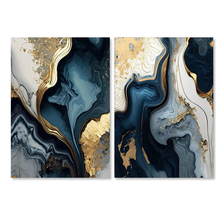 Deep Ocean Blue Golden Marble Print Wall Art Fine Art Canvas Prints Posters Pictures for Living Room Dining Room Light Luxurious Home Decor | Skanto
