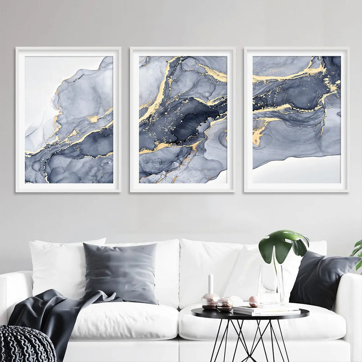 Shades of Blue Abstract Fluid Marble Wall Art Fine Art Canvas Print with Gold Accents Pictures for Living Room Modern Bedroom Art Decor | Skanto