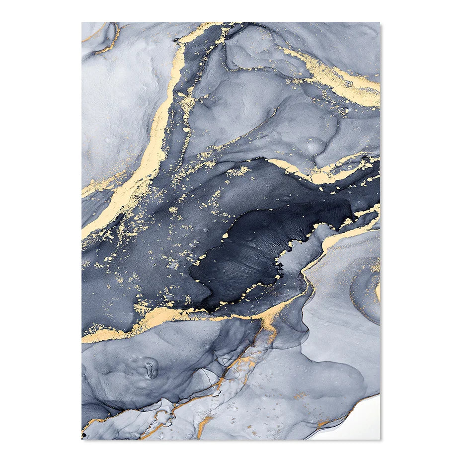 Shades of Blue Abstract Fluid Marble Wall Art Fine Art Canvas Print with Gold Accents Pictures for Living Room Modern Bedroom Art Decor | Skanto