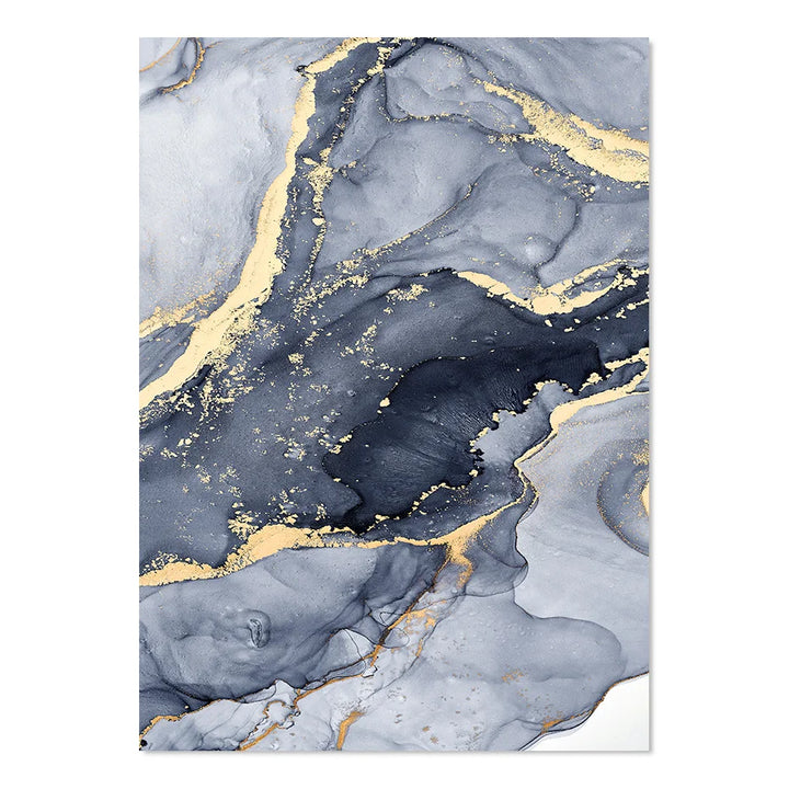 Shades of Blue Abstract Fluid Marble Wall Art Fine Art Canvas Print with Gold Accents Pictures for Living Room Modern Bedroom Art Decor | Skanto