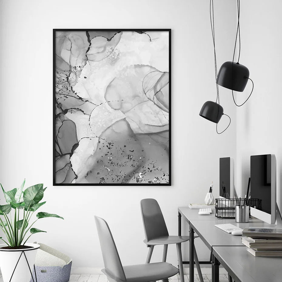 Modern Gray Fluid Marble Print Wall Art Fine Art Canvas Prints Abstract Black White Posters for Living Room Home Office Art Decor | Skanto