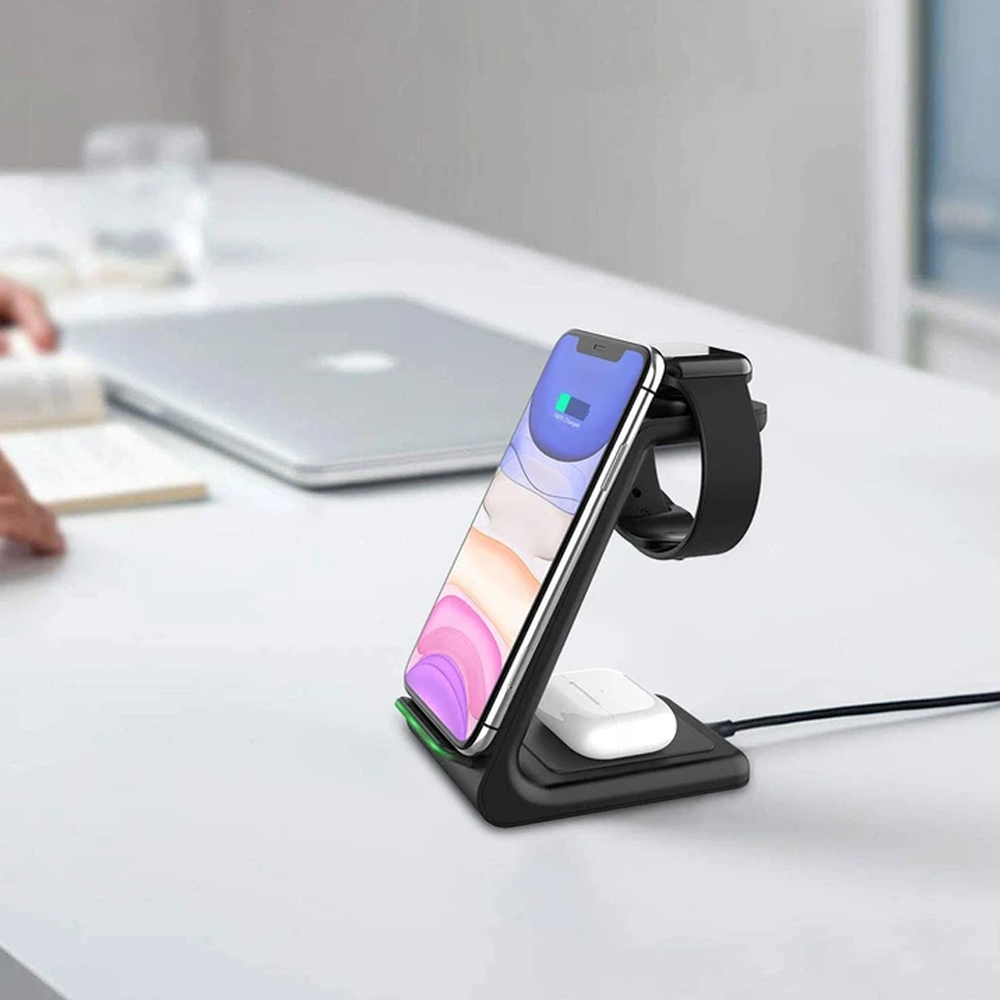 Skanto | 3-i-1 Trådlader for Smarttelefon, Smartklokke og Ørepropper