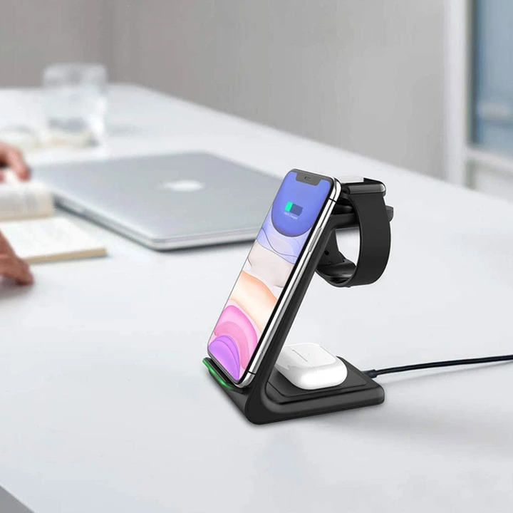 Skanto | 3-i-1 Trådlader for Smarttelefon, Smartklokke og Ørepropper