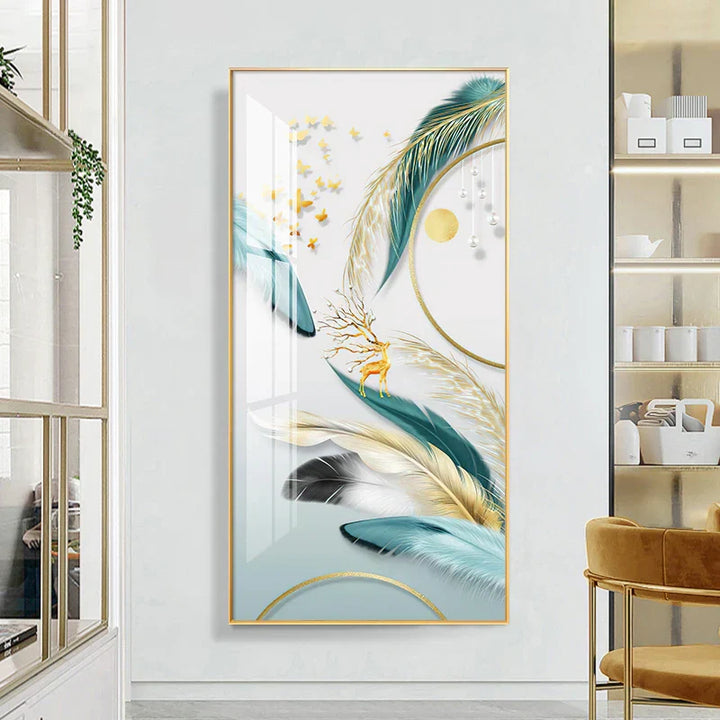 Lykkevisjon Abstrakt Gylden Fjær Hjort Landskap Veggkunst Fine Kunst Lærredstrykk Bilder For Stue Inngang Foyer Lys Luksuriøs Boliginnredning | Skanto