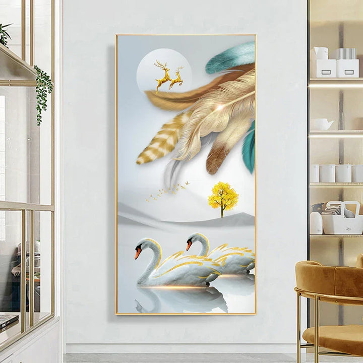 Lykkevisjon Abstrakt Gylden Fjær Hjort Landskap Veggkunst Fine Kunst Lærredstrykk Bilder For Stue Inngang Foyer Lys Luksuriøs Boliginnredning | Skanto