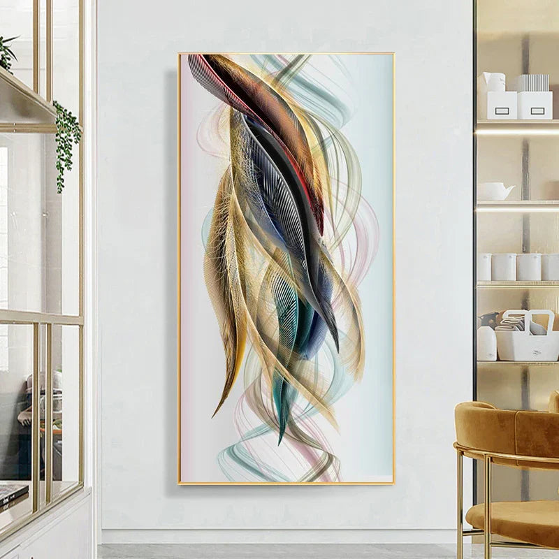 Lykkevisjon Abstrakt Gylden Fjær Hjort Landskap Veggkunst Fine Kunst Lærredstrykk Bilder For Stue Inngang Foyer Lys Luksuriøs Boliginnredning | Skanto